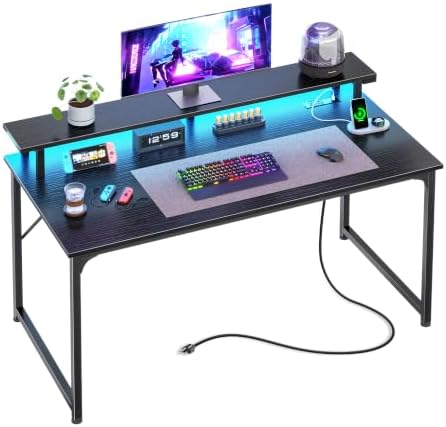 PRAISUN 40 inch Gaming Desk, LED & Power Outlets, Monitor Stand, Black by PRAISUN
