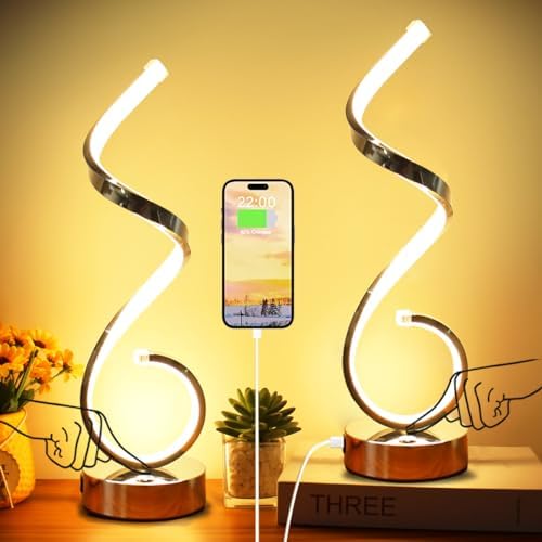 Modern Spiral LED Table Lamp Set of 2, 10W Touch Control Table Lamp with USB Charging Ports, Dimmable 3 Color Modes Bedside Nightstand Desk Lamp Light for Bedroom, Living Room, Office -Silver by BESKETIE