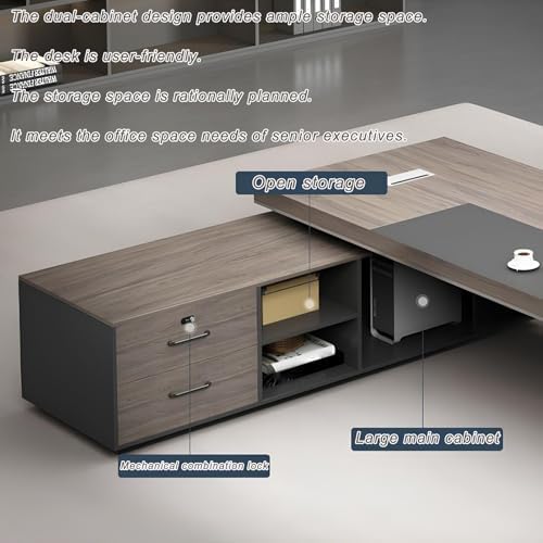 Modern L-Shaped Executive Desk with Drawers, Wooden Office Desk with Hidden Power Outlet, Digital Combination Lock, Aluminum Inlaid Desktop for Home & Professional Office - Image 3