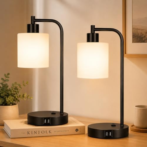 Set of 2 Industrial Touch Control Table Lamps with 2 USB Ports and AC Outlet - 3-Way Dimmable Black Bedside Lamp Nightstand Desk Lamps for Bedroom Living Room, Opal Glass Shade & 2 LED Bulbs Included by Nintiue