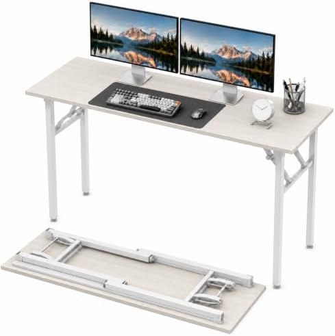 Folding Table Computer Desk - 55.1" No Assembly Folding Desk Design and Foldable Office Desk, Small Desk for Bedroom, Compact Storage Portable Use for Dorm and RV Small Space, White Ash by HMFOR