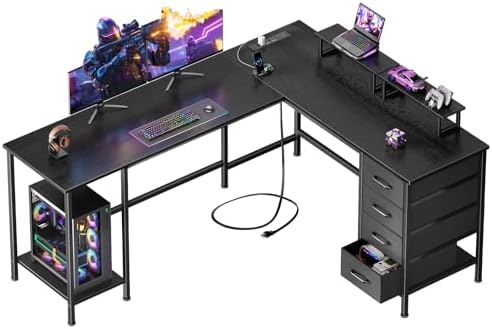 Korfile 59 inch L Shaped Computer Desk with Power Outlets, Black by Korfile