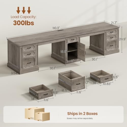 SEDETA Farmhouse 110.3" Two Person Desk with 7 Drawers, Long Computer Desk with Storage Cabinet, 2 Person Desk with Power Outlets for Home Office, Gray - Image 2