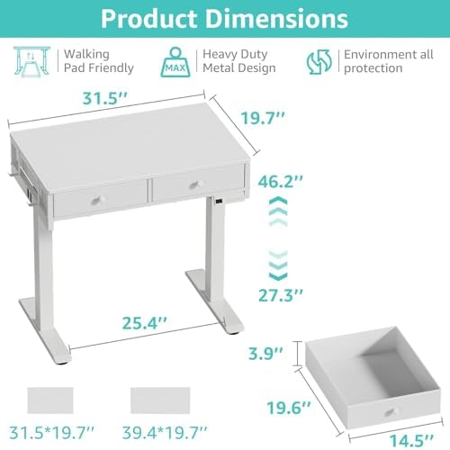 White Electric Standing Desk with Drawers, 32 Inch Small Adjustable Desk with Storage, Stand Up Computer Study Writing Desks for Small Space Home Office Bedroom, Sit Stand Work Desks for Walking Pad - Image 3