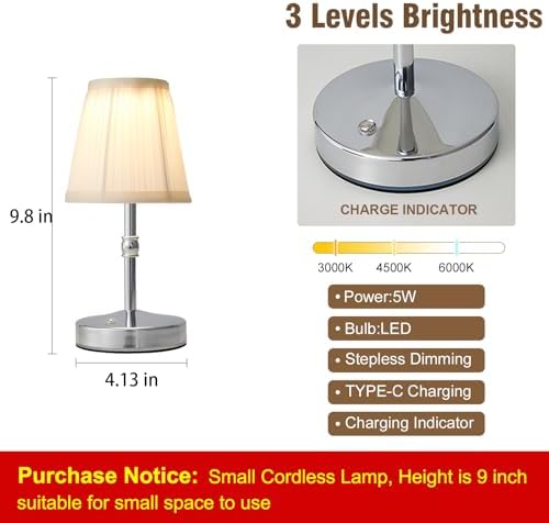 3000 mah Battery lamp,5W LED Small Touch Lamps,3 Color Temperature Dimmable Rechargeable Lamp,Cordless Lamp for Kitchen,Mini Lamps for Small Spaces (Chrome,2 Pack) - Image 5