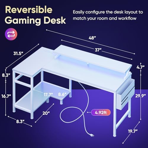DUMOS L Shaped Gaming Desk, 48" Computer Desks with Storage Shelves - Image 3