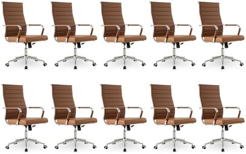 Okeysen Office Desk Chair, Ergonomic Leather Modern Conference Room Chairs, Executive Ribbed Height Adjustable Swivel Rolling Chair for Home Office Set of 10. (Brown) by Lepdep