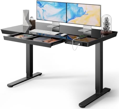 Marsail 48 x 24 inch Glass Standing Desk with Drawer Storage, Matte Black by Marsail
