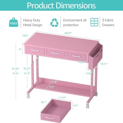 Pink Rolling Desk with Drawers, 40" Height Adjustable Girls Standing Desk - Image 3