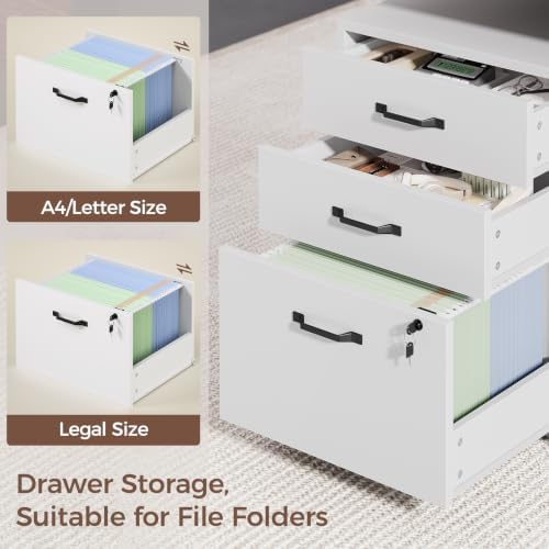 71" Electric Standing Desk with Drawers, Electric Height Adjustable Executive Desk with Lockable File Cabinet, Home Office Desk, Open Storage Compartments, Built-in Power Outlet, White - Image 4
