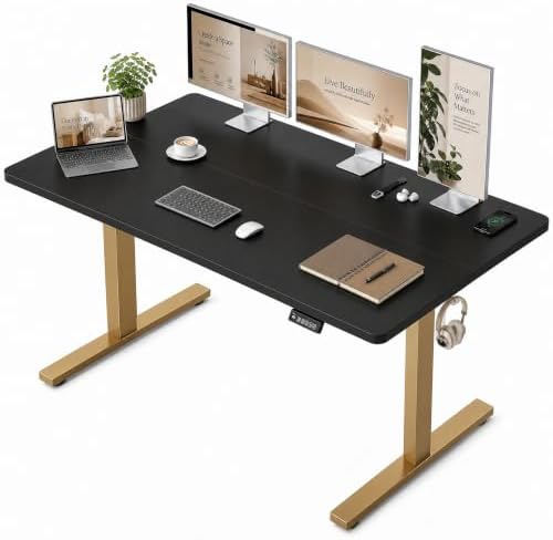Grandder 55x32 Extra-Deep Electric Standing Desk, Wide Desktop Fits 49" Ultrawide Monitor+Dual Screens, 176 lbs Capacity, 2 Memory Presets, Anti Collision, Computer Desk, Black Top&Gold Frame by Grandder