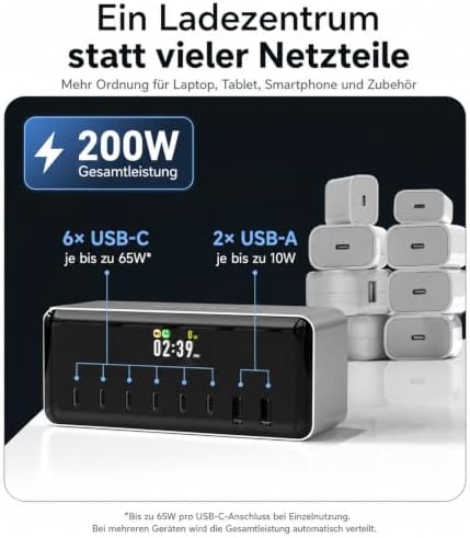 LIMETA MDSS2 8-Port 200W Desktop USB C Charger Multi-Function Fast Charging Station Bedside USB-A Charger with Alarm Clock Smart Timed Charging - Image 3