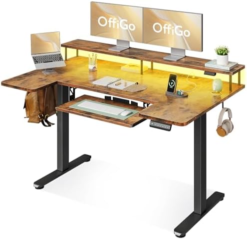 OffiGo 55 Inch U Shaped Standing Desk with Keyboard Tray, Rustic Brown by OfficeGo-ForHomeOfficeWork