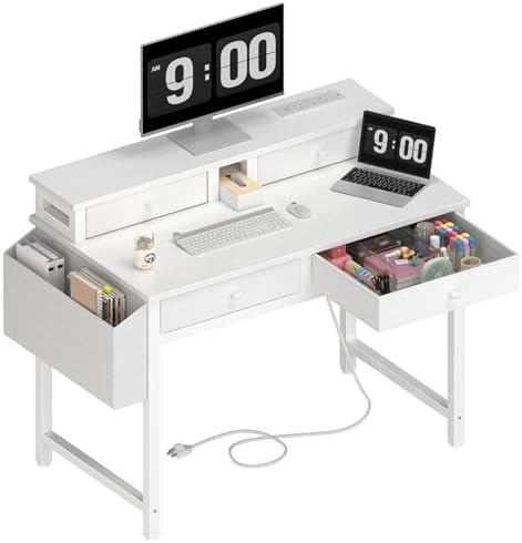 Lufeiya Small White Kids Desk with Fabric Drawers for Bedroom, 32 inch Vanity Makeup Desk with Drawers Storage for Home Office, Writing Study Table with Power Outlet & Monitor Stand, White by LUFEIYA