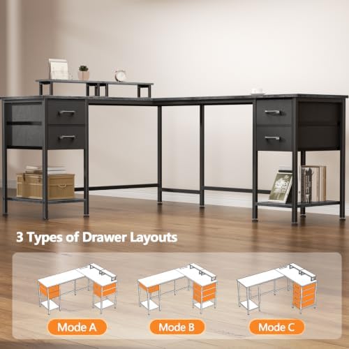 Korfile 66" L Shaped Computer Desk, 94.4'' Home Office Desk with Power Outlets, 4 Adjustable Storage Drawers & 2 Monitor Stands, Large Two Person Gaming Table for Writing Study, Grey - Image 6