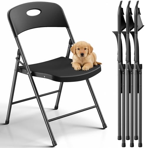 Folding Chairs 4 Pack, Outdoor Folding Chairs for Outside Indoor, Portable 350 lbs Capacity Heavy Duty Plastic Metal Foldable Chairs Commercial Seating for Picnic, Party, Patio, Black by FoldingFurniture