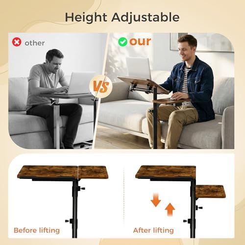 Aothia Small Standing Desk Rolling Table Adjustable Height, Laptop Mobile Stand with Wheels, Overbed Table, Portable Computer Workstation with Tiltable Desktop for Teacher Classroom Home Office, Brown - Image 4