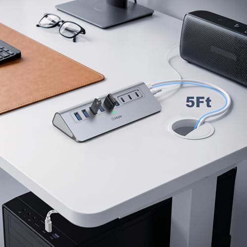 Powered USB Hub 10Gbps, intpw YH6AC 9-Port USB HUB with 10Gbps USB A/USB C 3.2, 4 USB 3.0, 2 PD 45W Charging Port, 65W Power Adapter + 5FT Cable, Aluminum USB Hub for Laptop, PC,iPhone 17/16 - Image 3