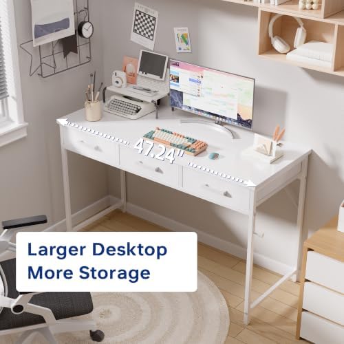 Pamray 47 Inch Small Computer Desk with 3 Drawers for Bedroom Study Writing Home Office Table for Small Spaces White - Image 5