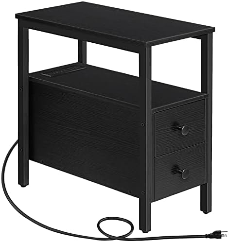HOOBRO End Table with Charging Station, Narrow Side Table with 2 Drawer & USB Port & Power Outlets, Nightstand for Small Spaces, Stable and Sturdy, for Living Room, Bedroom, Black BK541BZ01 by HOOBRO