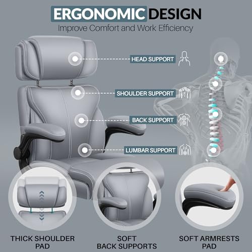 Office Chair, Ergonomic Big and Tall Computer Desk Chair with Retractable Adjustable Headrest, Executive Breathable Leather Chair, Lumbar Support Swivel Flip-up Armrests Rocking Function,Matte Gray - Image 5