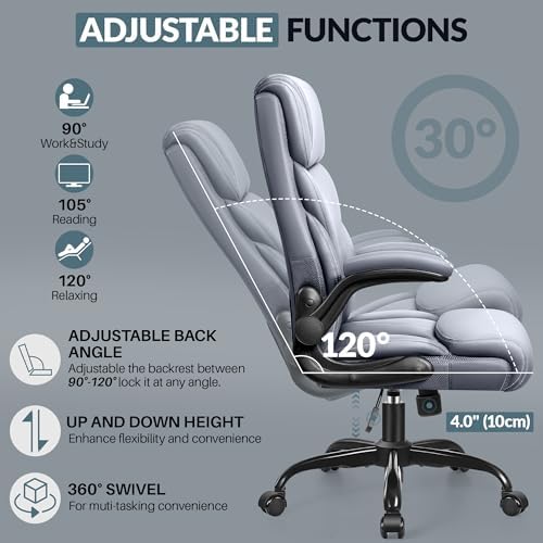 HeroSet Office Chair, Ergonomic Big and Tall Computer Desk Chairs, Executive Breathable Leather Chair with Adjustable Flip-up Armrests, Lumbar Support Swivel PC Chair with Rocking Function,Matte Gray - Image 5