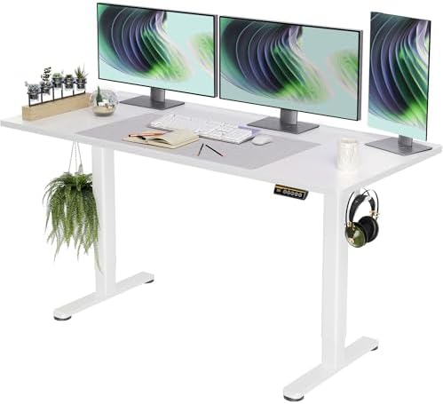 Claiks Electric Standing Desk, Adjustable Height Stand up Desk, 63x24 Inches Sit Stand Home Office Desk with Splice Board, White Frame/White Top by CLAIKS