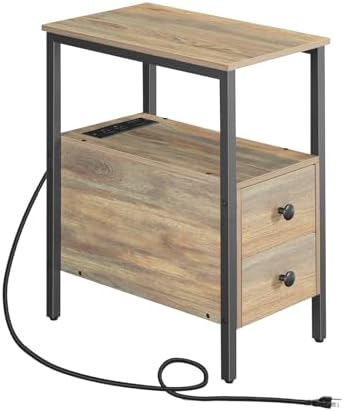HOOBRO End Table with Charging Station, Narrow Side Table with 2 Drawer & USB Ports & Power Outlets, Nightstand for Small Spaces, for Living Room, Bedroom, Sapphire Brown UC541BZ01 by HOOBRO