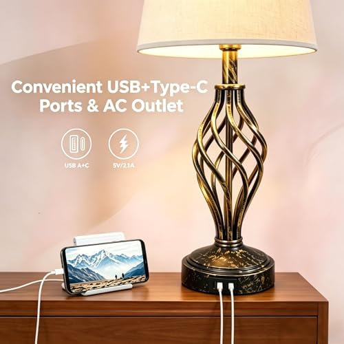 Ruiever Touch Table Lamps Set of 2, nightstand lamp with USB Ports Bedside 3 Way Touch dimmer Desk lamp for Living Room Bedroom,Gold and Black Brushed Spiral Cage Warm White Dimmer LED Bulb Included. - Image 3