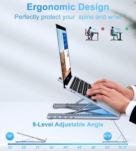 M61 USB C to USB Hub Portable Laptop Stand, Aluminum 4 Ports USB3.0 Multiport Adapter Adjustable Laptop Docking Station Stand Compatible with MacBook Pro/Air, Chromebook, Keyboard, Mouse, HDD - Image 5
