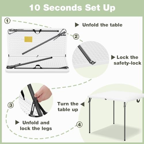 34" Square Folding Table for 4 Person, 330lbs Weight Capacity Foldable Table with HDPE Tabletop & Heavy-Duty Steel Legs, Large Portable Picnic Table for Indoor Outdoor Parties, Camping, White - Image 6