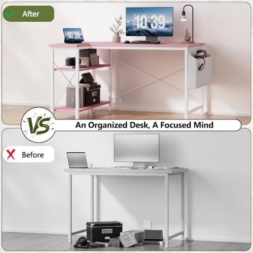 TIQLAB L Shaped Computer Desk with Power Outlets, 40 Inch Small Corner Desk with Reversible Shelves, Gaming Desk Computer Table Study Writing Table for Home Office Bedroom Small Space, Pink - Image 5