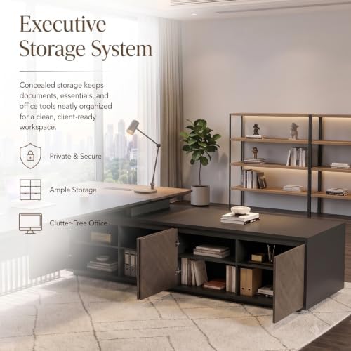 86.6” Luxury Executive Desk, L Shaped Office Desk with Storage & Wireless Charging, Marble Texture Modern CEO Desk with 304 Stainless Steel Grille, for CEO Office & Designer Home Office (Right) - Image 4