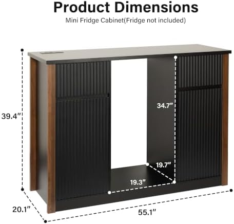 55.1" Coffee Bar Cabinet with Mini Fridge Space, Power Outlet, Black - Image 2
