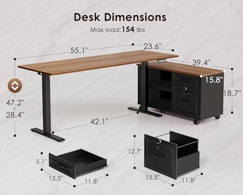 OffiGo 55" L Shaped Electric Standing Desk with Cabinet Sets, Walnut/Black - Image 3