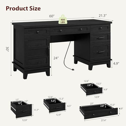 IDEALHOUSE 60" Farmhouse Home Office Executive Computer Desk with Drawers - Image 2