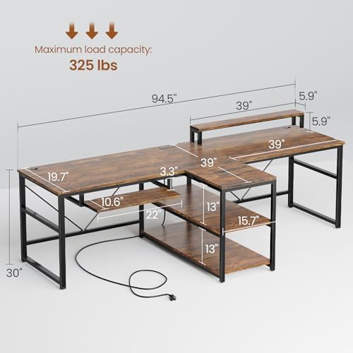 SEDETA 94.5" 2 Person Gaming Desk with Storage Shelf,LED Light,Rustic Brown - Image 2