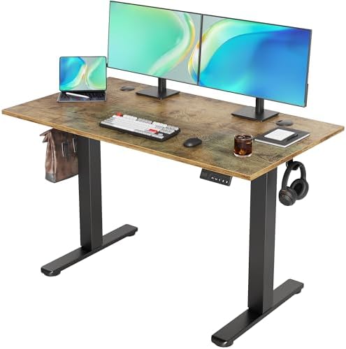 Seang Electric Standing Desk Adjustable Height, 48 x 24 Inch Sit Stand Desk with T-Shaped Frame, 3 Memory Presets & Cable Management for Home Office Computer Workstation, Black Frame/Rustic Brown Top by Seang