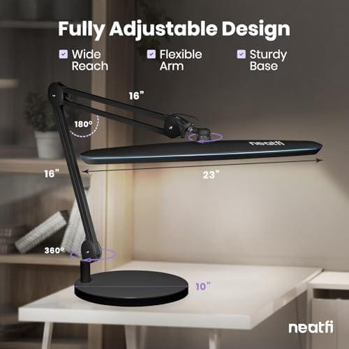 Neatfi XL 24W LED Desk Lamp – 2,200 Lumens | 23” Wide Shade | Dimmable Eye-Caring Task Light | Adjustable Arm | Office, Study, Crafting & Nail Techs (Black, Non-CCT with Base) - Image 6