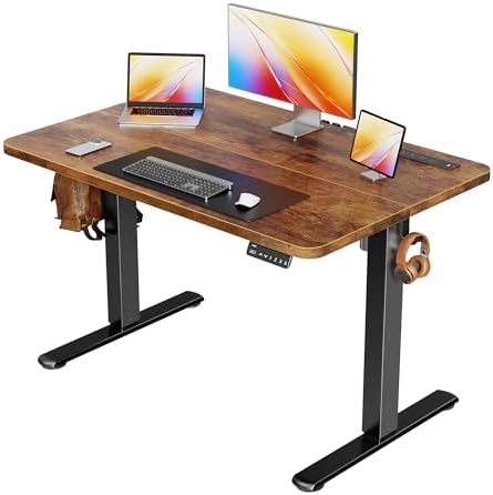 Huuger 39 X 24 Inch Electric Standing Desk with Power Outlets and USB-C Port, Height Adjustable Desk, Sit Stand Desk for Home Office, Computer & Gaming Desk, Stable Steel Frame, Rustic Brown by Huuger