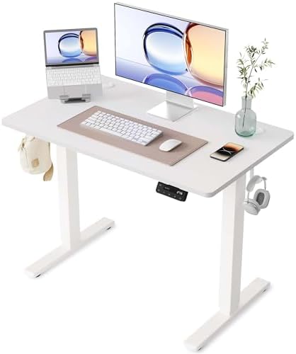 YIHAYO Electric Standing Desk, 40 x 24 Inches Stand Up Desk with Splice Board, Adjustable Height Desk, Computer Desk for Home Office, White Frame/White Top by YIHAYO