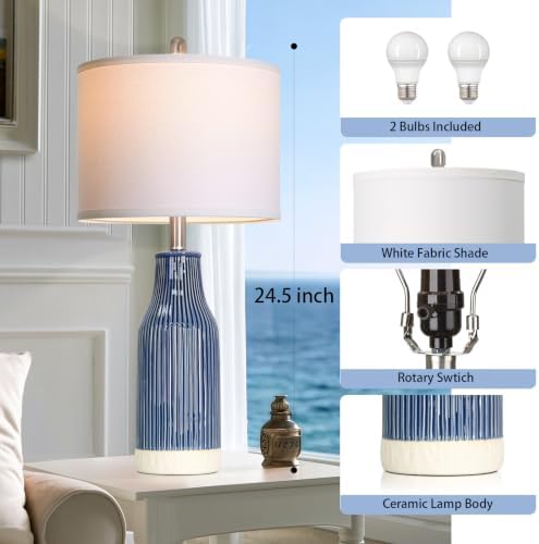 24.5" Blue Ceramic Table Lamps Set of 2 for Bedroom, Modern Table Lamps for Living Room End Table, Small Farmhouse Bedside Lamps for Nightstands (2 LED Bulbs Included) - Image 2