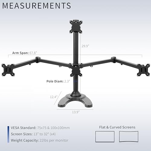 VIVO Quad Monitor 13 to 32 inch LED LCD Freestanding Desk Stand, 3 Plus 1 Articulating VESA Computer Mount, Holds 4 Screens, Fully Adjustable for Home Office Workstation, Black, STAND-V104F - Image 3