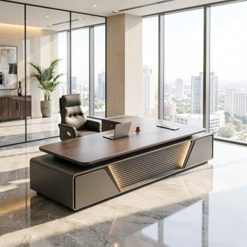 Executive Office Desk with Storage Cabinet,Modern l Shaped Executive Desk,50MM Thick Desktop for CEO Office, Reception & Commercial Workspace by Unknown