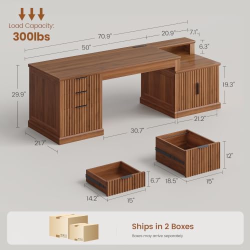 SEDETA 70.9" Executive Desk, Fluted Office Desk with Drawers, Brown - Image 2