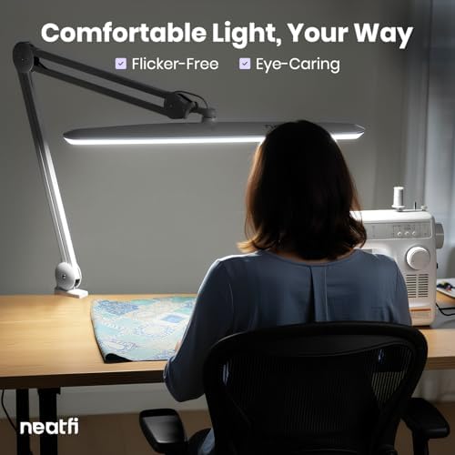 Neatfi XL 2,200 Lumens 20W LED Task Lamp – 23” Ultra-Wide Head | 182 SMD LEDs | 4 Brightness Levels | 3 Light Modes | Eye-Caring, Glare-Free | Adjustable Arm (Silver, CCT with Clamp) - Image 4