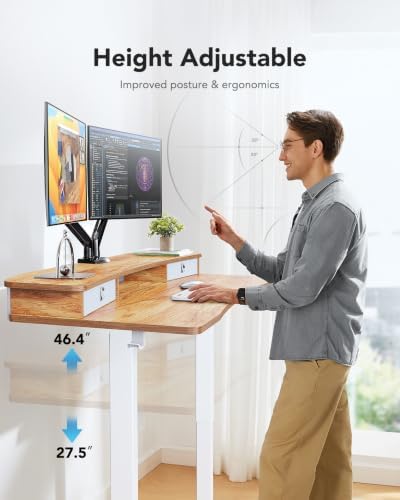 HUANUO 55″ x 26″ Electric Standing Desk with 2 Drawers, C-Clamp Mount Compatible, Height Adjustable Computer Desk, Home Office Stand Up Desk with 4 Preset Heights & 2 Hooks, Light Vintage - Image 6