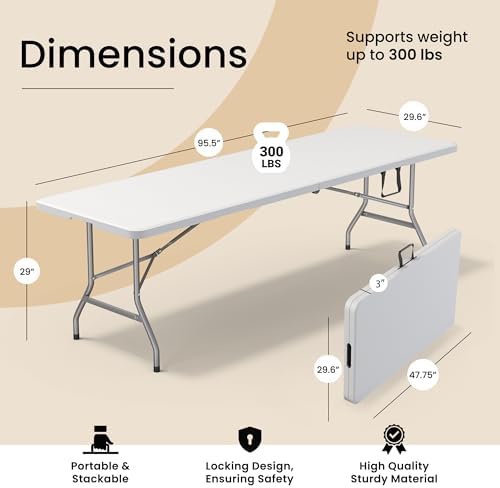 10 PACK of 8 Feet Foldable Table with Built in Handle & Steel Legs | 8 FT Heavy Duty Portable | Perfect for Party, Dining, Wedding, Events, Picnic Indoor, Outdoor, Camping, Temporary - 8 Foot - Image 2