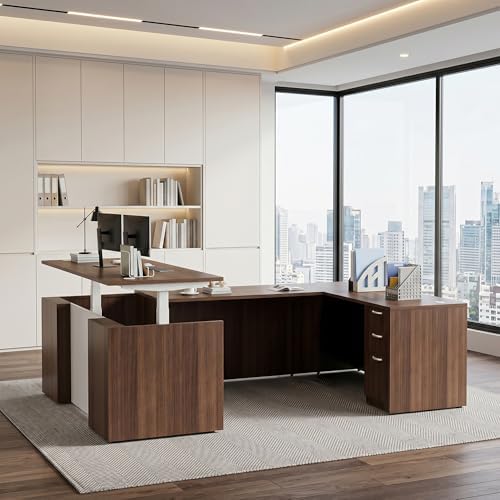 U-Shaped Executive Office Standing Desk with Pre-Assembled Frame & Lockable File Cabinet, Dual Motor Height Adjustable Electric Sit Stand Desk, Programmable Controller, Walnut/White - Image 3