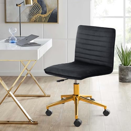Furniliving Home Office Desk Chair, Armless Desk Chair with Wheels Soft Velvet Adjustable Height, Comfy Computer Rolling Chairs with Gold Metal Base Stool,Black - Image 6